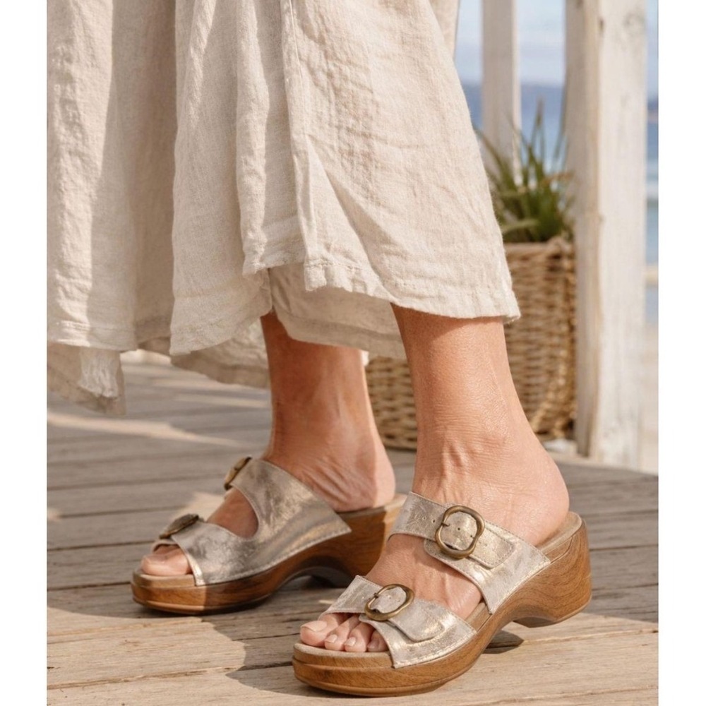 Dansko Sophie Sandal 11 Metallic Gold Excellent Double Strap Wedge 9841172200